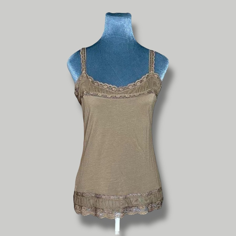 City Unltd Brown Knit Silk Chiffon Lace Strap Cami Tank Top 2000s Y2K Fairycore